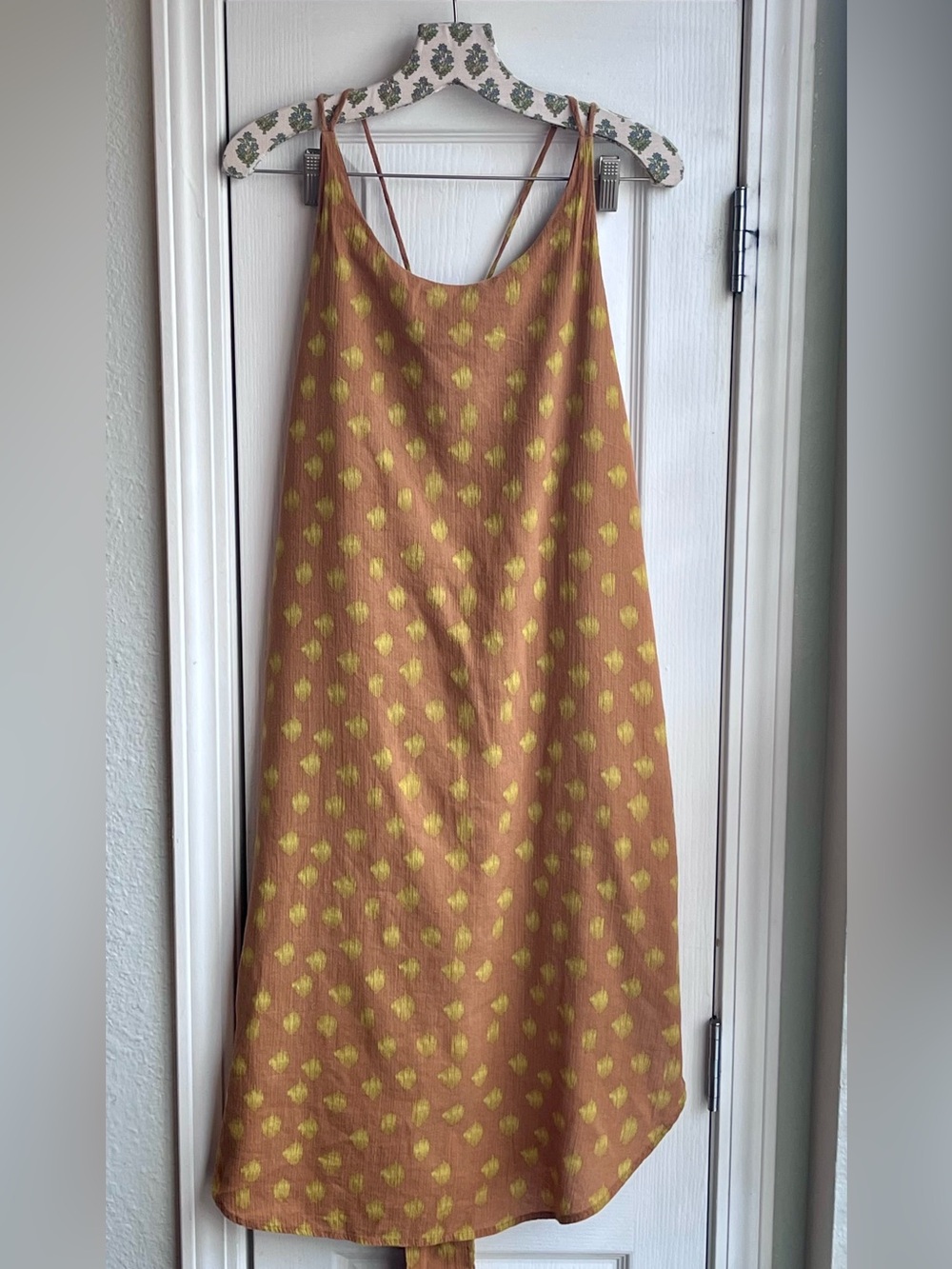 World Market Brown Chartreuse Ikat Print Midi Maxi Dress Boho Tie Waist L XL